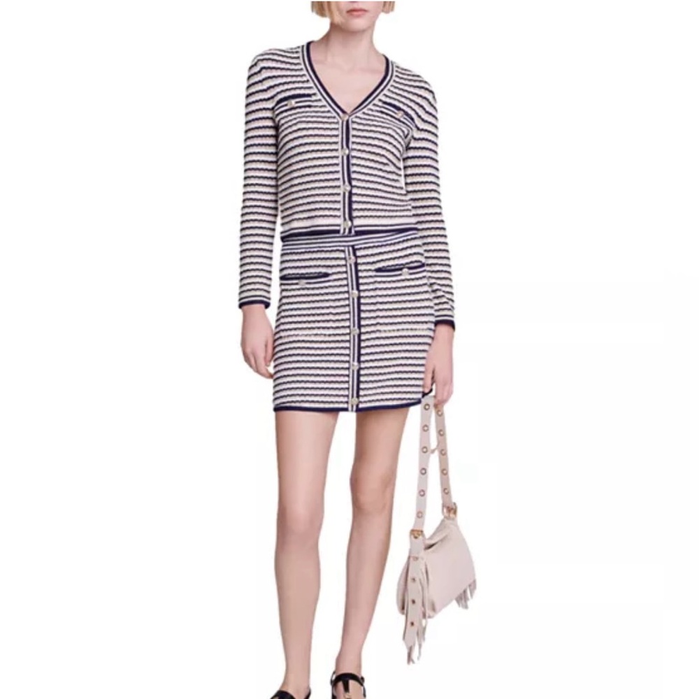 Maje Navy and Gold Striped Knit Skirt